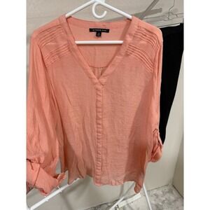 Zac & Rachel Woman Coral Pleated V Neck‎ Long Sleeve Top Blouse Plus Size 2X